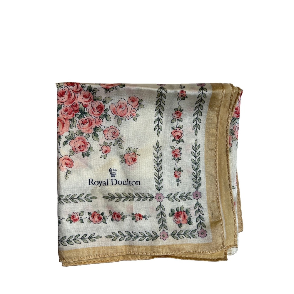 Royal Doulton Floral Handkerchief Ivory Pink Roses Leaves Print‎ Vintage Elegant